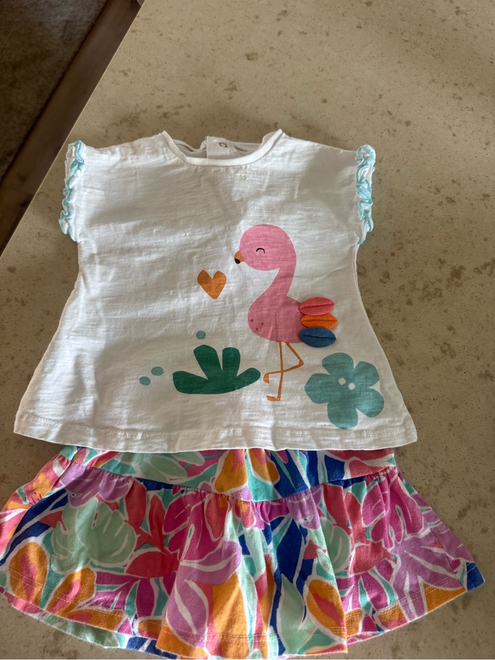 Girls Tropical Flamingo Top & Skirt Set - White & Pink